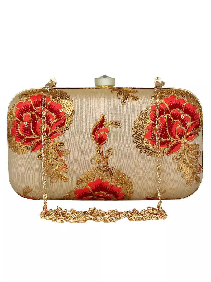 Anekaant Tulle Embroidered Faux Silk Box Clutch Beige