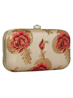 Anekaant Tulle Embroidered Faux Silk Box Clutch Beige 2