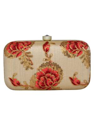 Anekaant Tulle Embroidered Faux Silk Box Clutch Beige 3