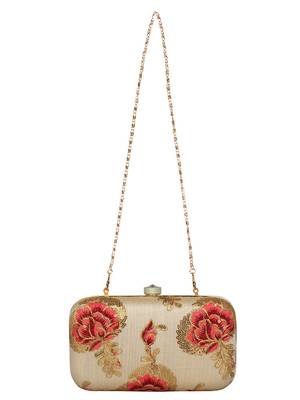 Anekaant Tulle Embroidered Faux Silk Box Clutch Beige 4