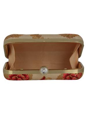Anekaant Tulle Embroidered Faux Silk Box Clutch Beige 5
