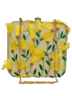 Anekaant Vista Embroidered Faux Silk Box Clutch Beige & Multi 1