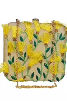Anekaant Vista Embroidered Faux Silk Box Clutch Beige & Multi