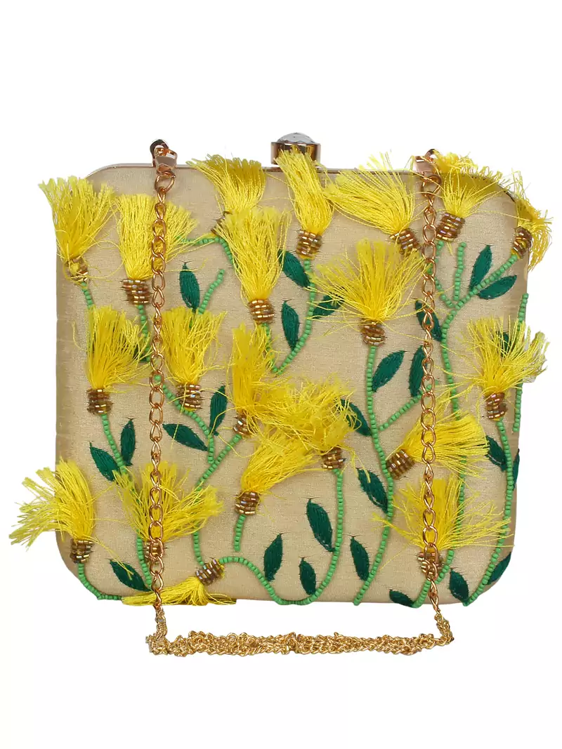 Anekaant Vista Embroidered Faux Silk Box Clutch Beige & Multi