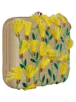Anekaant Vista Embroidered Faux Silk Box Clutch Beige & Multi 2