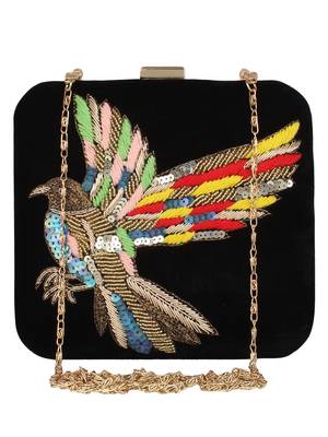 Anekaant Vista Embroidered Velvet Box Clutch Black 1