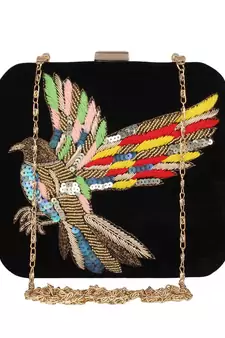 Anekaant Vista Embroidered Velvet Box Clutch Black