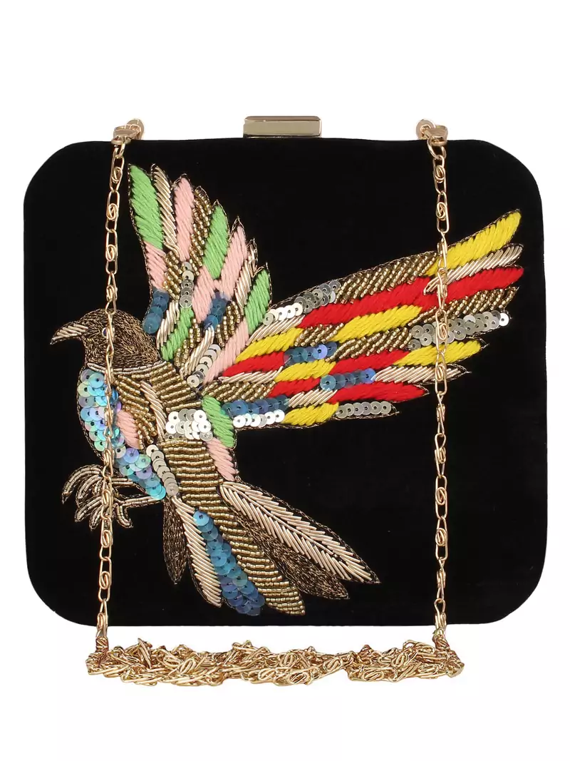 Anekaant Vista Embroidered Velvet Box Clutch Black