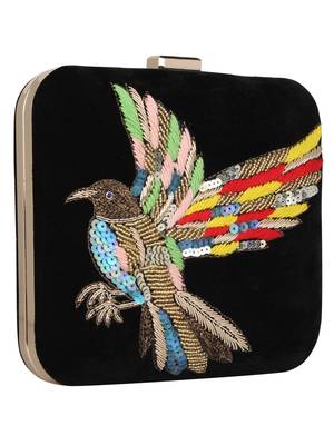 Anekaant Vista Embroidered Velvet Box Clutch Black 2