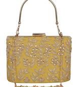 Anekaant Oblong Embellished Faux Silk Box Clutch Yellow & Gold