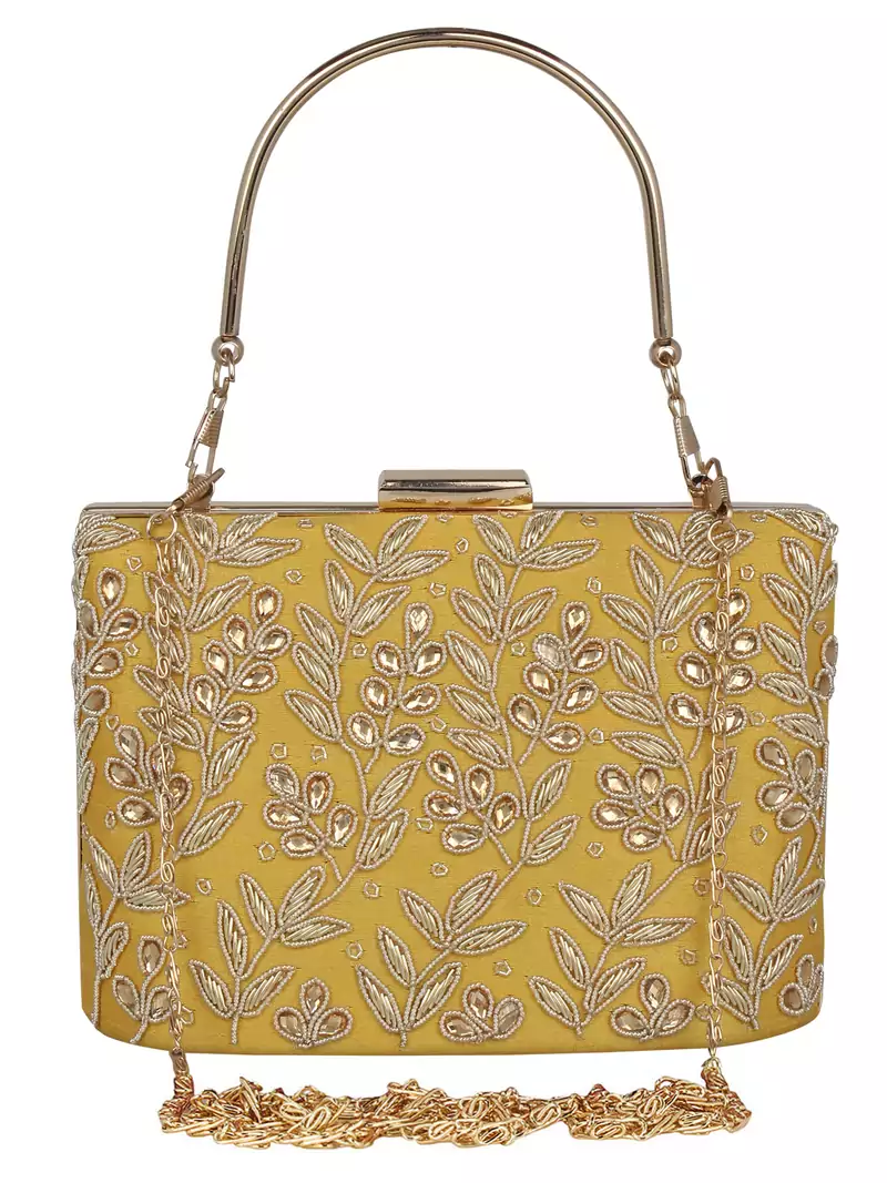 Anekaant Oblong Embellished Faux Silk Box Clutch Yellow & Gold