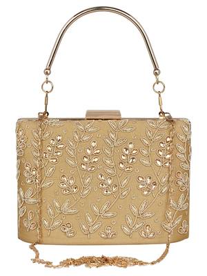 Anekaant Oblong Embellished Faux Silk Box Clutch Beige & Gold 1