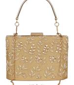 Anekaant Oblong Embellished Faux Silk Box Clutch Beige & Gold