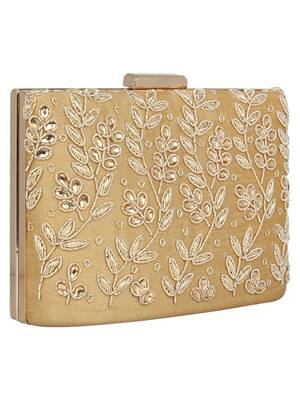 Anekaant Oblong Embellished Faux Silk Box Clutch Beige & Gold 2