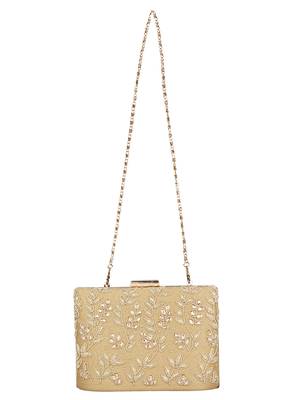 Anekaant Oblong Embellished Faux Silk Box Clutch Beige & Gold 4