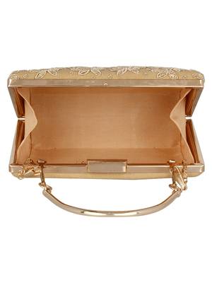 Anekaant Oblong Embellished Faux Silk Box Clutch Beige & Gold 5
