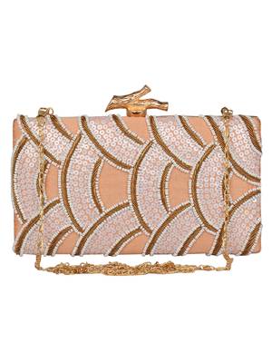 Anekaant Svelte Sequines Embellished Faux Silk Box Clutch Peach & White 1