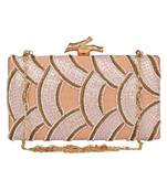 Anekaant Svelte Sequines Embellished Faux Silk Box Clutch Peach & White