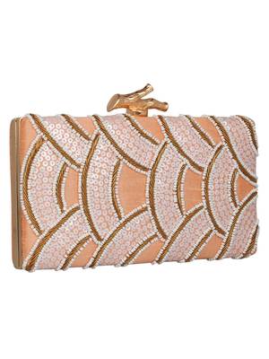Anekaant Svelte Sequines Embellished Faux Silk Box Clutch Peach & White 2