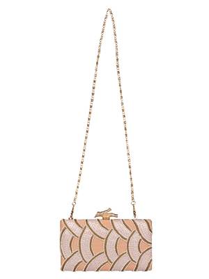 Anekaant Svelte Sequines Embellished Faux Silk Box Clutch Peach & White 4