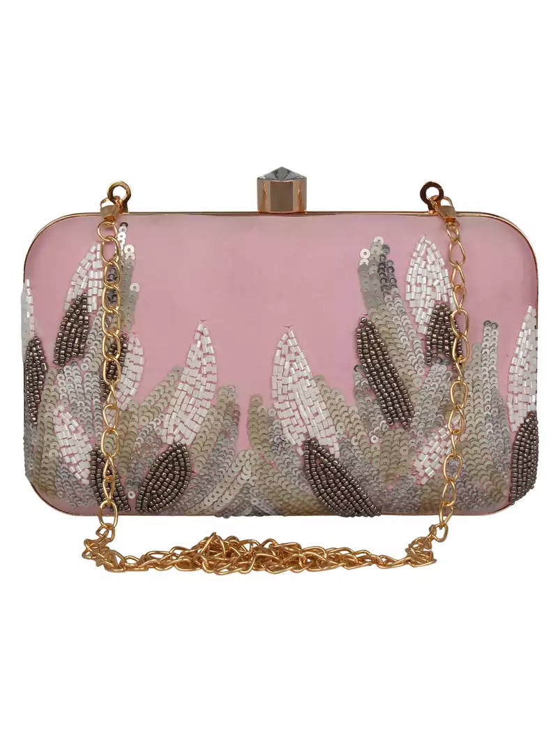 Anekaant Adorn Sequines Embellished Faux Silk Box Clutch Pink & Multi