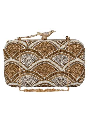 Anekaant Adorn Embellished Faux Silk Box Clutch Gold & Multi 1