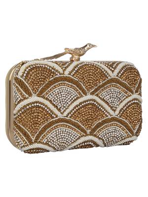 Anekaant Adorn Embellished Faux Silk Box Clutch Gold & Multi 2