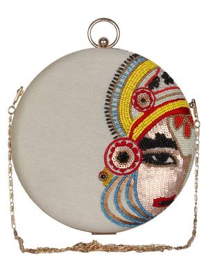 Kathak Embroidered Faux Silk Round Clutch White & Multi 1