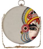 Anekaant Kathak Embroidered Faux Silk Round Clutch White & Multi