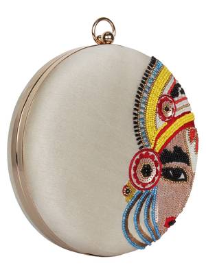Kathak Embroidered Faux Silk Round Clutch White & Multi 2