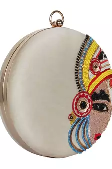Kathak Embroidered Faux Silk Round Clutch White & Multi
