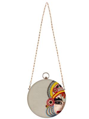 Kathak Embroidered Faux Silk Round Clutch White & Multi 4