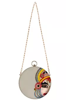 Kathak Embroidered Faux Silk Round Clutch White & Multi