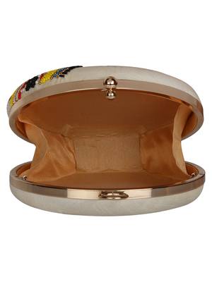 Kathak Embroidered Faux Silk Round Clutch White & Multi 5