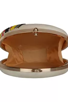 Kathak Embroidered Faux Silk Round Clutch White & Multi