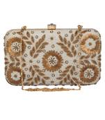 Anekaant Adorn Embellished Faux Silk Box Clutch White & Gold