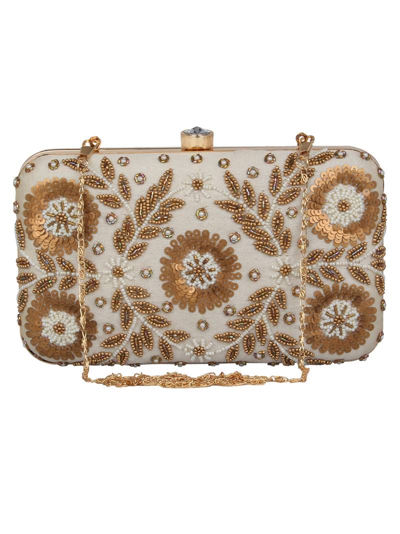 Anekaant Adorn Embellished Faux Silk Box Clutch White & Gold