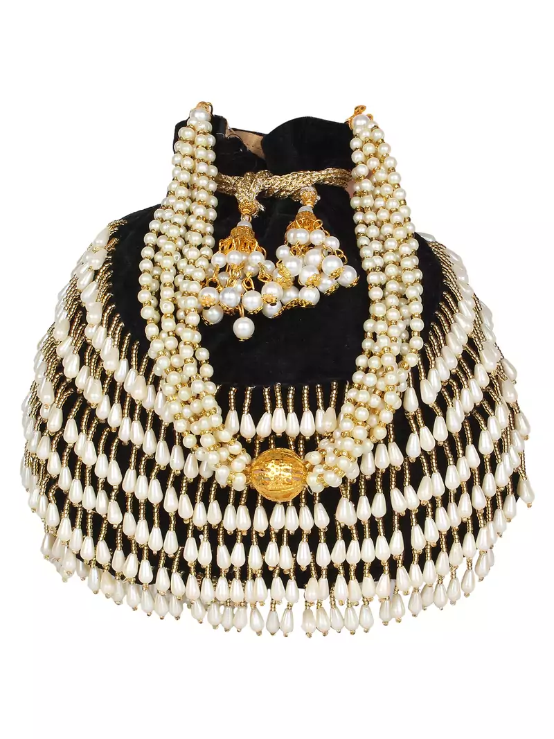 Anekaant Dangle Embellished Velvet Potli Black & White