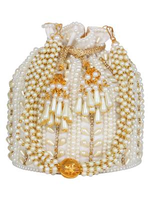 Anekaant Dangle Embellished Faux Silk Potli White & Gold 1