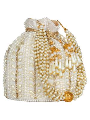 Anekaant Dangle Embellished Faux Silk Potli White & Gold 2