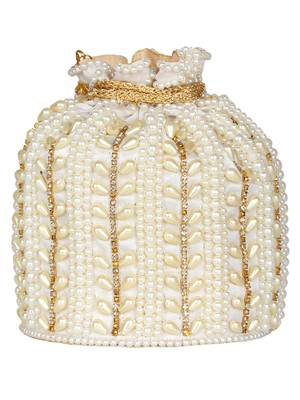 Anekaant Dangle Embellished Faux Silk Potli White & Gold 3