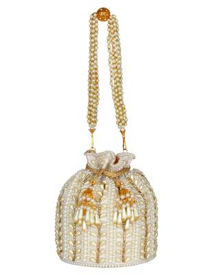 Anekaant Dangle Embellished Faux Silk Potli White & Gold 4