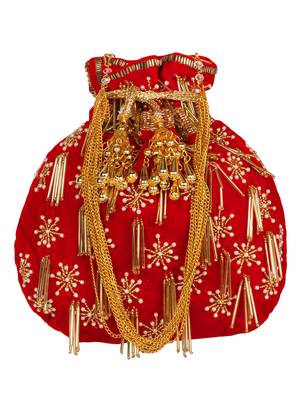 Anekaant Dangle Embellished Velvet Potli Red & Gold 1