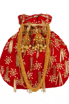 Anekaant Dangle Embellished Velvet Potli Red & Gold