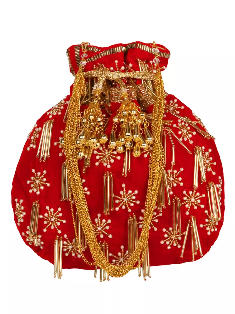 Anekaant Dangle Embellished Velvet Potli Red & Gold