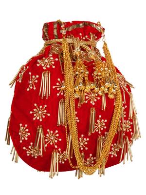Anekaant Dangle Embellished Velvet Potli Red & Gold 2