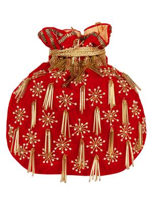 Anekaant Dangle Embellished Velvet Potli Red & Gold 3