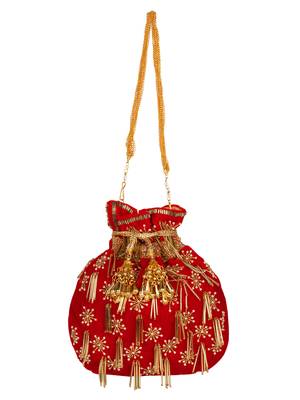 Anekaant Dangle Embellished Velvet Potli Red & Gold 4