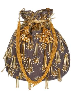 Anekaant Dangle Embellished Velvet Potli  Grey & Gold 1
