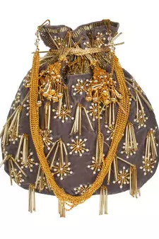 Anekaant Dangle Embellished Velvet Potli  Grey & Gold